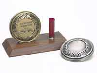 T27FS Full Size Target w shot gun shell on Walnut Bevel Base